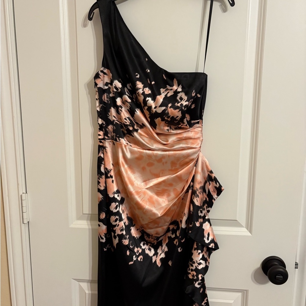 London Times Black and Peach One-Shoulder Dress